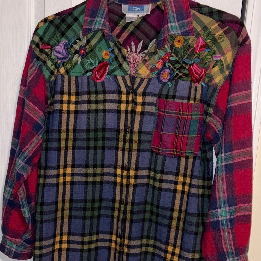 8 Other Reasons Multicolor plaid flannel with eShirt with Floral Embroidery